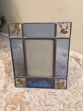 STAINED GLASS - BLUE - photo picture frame W Dried Flowers - Free Standing