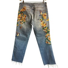 Size 30 Free People Embroidered Floral Bird Straight Leg Jeans Women
