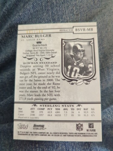 2007 Bowman Sterling Veteran Relics Refractor #MB Marc Bulger /199 NFL Rams QB - Photo 2/2