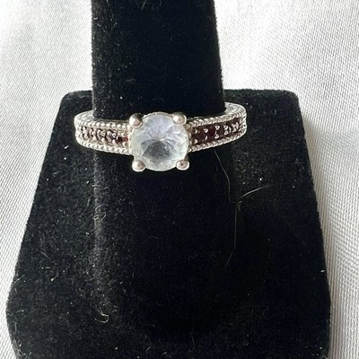 Gem Stone King 925 Sterling Silver 925 Blue Topaz Ring Garnet Accents Sz 5.75