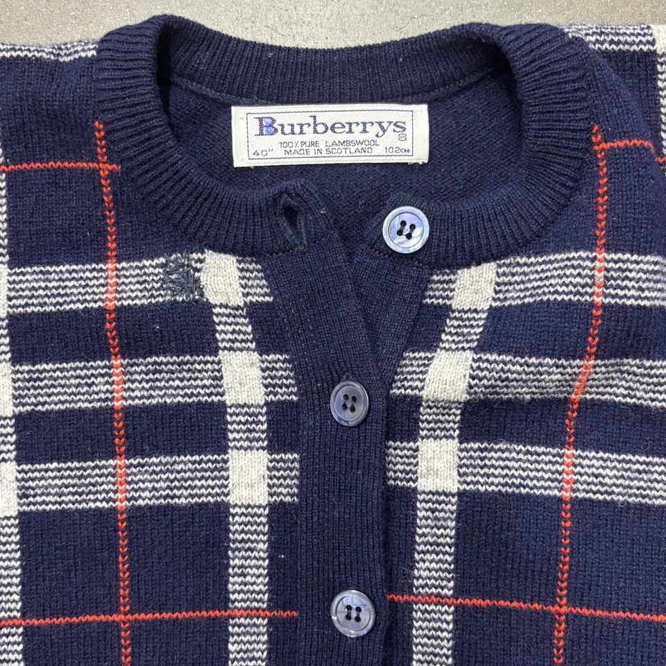 Cárdigan Suéter Vintage Años 80 Burberrys Azul Marino Cuadros Nova Talla M Foto 2 de 4