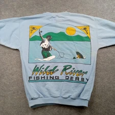 Vintage Sun Shirt Men XL Blue Wild River Fishing Derby Sweatshirt Sportswear 90s