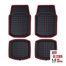  Automotive Floor Mats - PU Leather Floor Mats, Deep Dish Red Black - Full Set