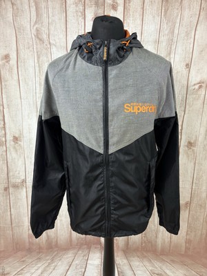 Superdry Active Sport Herren Large Windbreaker Jacke Kapuze leicht schwarz