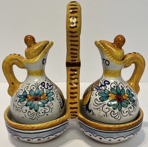 Deruta Italy Oil And Vinegar Cruet Set w/ Caddy Handpainted Raffaellesco Dragon