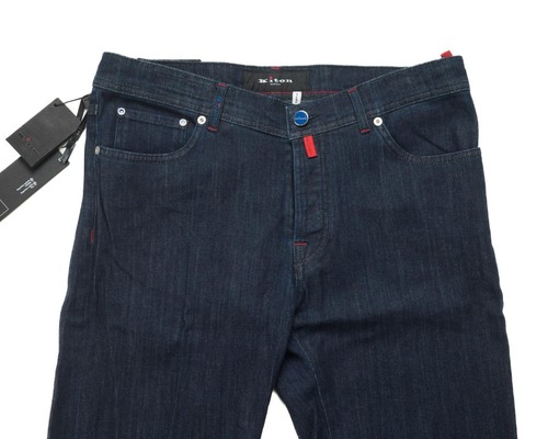 Jeans Kiton $1.480 nuovi con etichette blu scuro 5 tasche bottoni mosca slim cotone elasticizzato 34 US - Foto 3 di 9