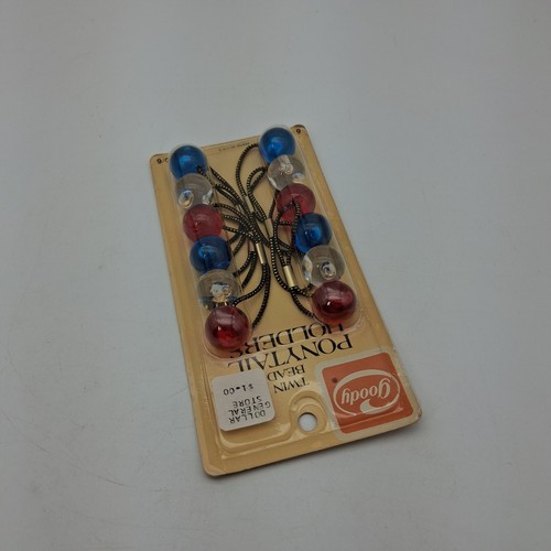 Vintage Goody 6 LARGE Twin Bead PONYTAIL HOLDERS USA #9690 Clear Red White Blue - Picture 5 of 10