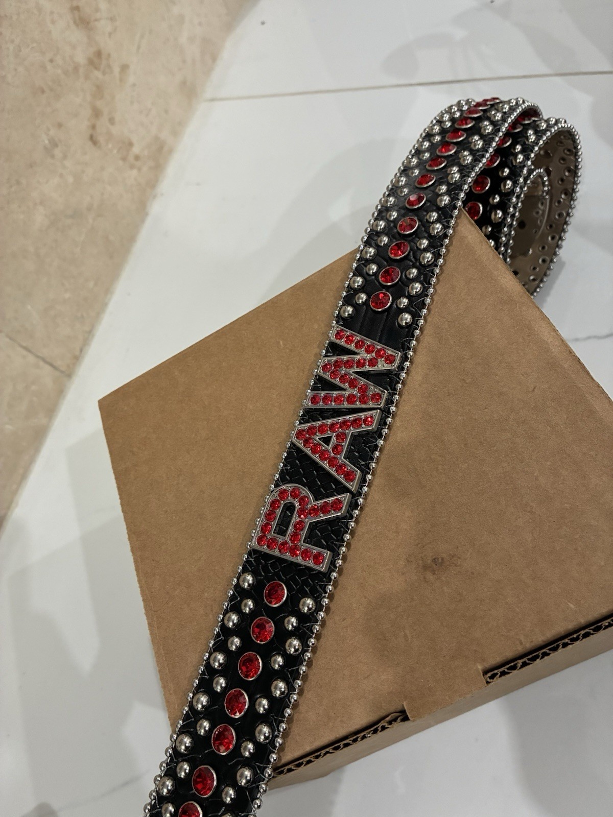 (Rare)RAW Genuine Leather Rhinestone Belt Medium Black XL Studded BB Simon image 7