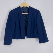 Roman Women's Crop Jacket Size 10 Open Front Long Sleeves Navy Blue Office Wear