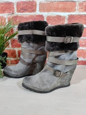 Kate Kuba graue Plateau Stiefel UK 6,5 EU 39,5 WILDLEDER FELLBESATZ KEILABSATZ HALBHOCH DAMEN