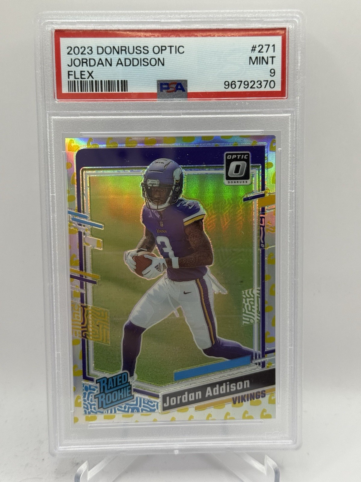 2023 Optic - Rated Rookie Jordan Addison #271 Flex Prizm /149 (RC) Vikings PSA 9