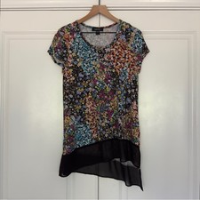 Karen Kane colorful/black and white floral top asymmetric hem tunic crew neck L