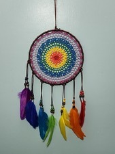 Handmade Rainbow Dream Catcher with Feathers and Beads