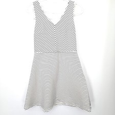 LOFT Striped Fit Flare Dress Women 6 White Black V Neck Sleeveless