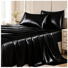 OEKO-TEX Certified Black Satin Sheets Queen Set - Silky Soft Luxury Bedding