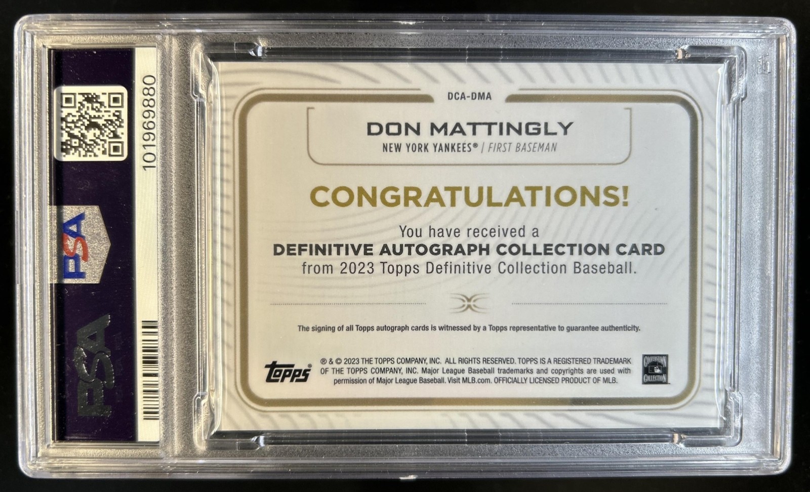 2023 Topps Definitive Don Mattingly Auto Autograph #/25 Yankees PSA 10 GEM MINT view 2