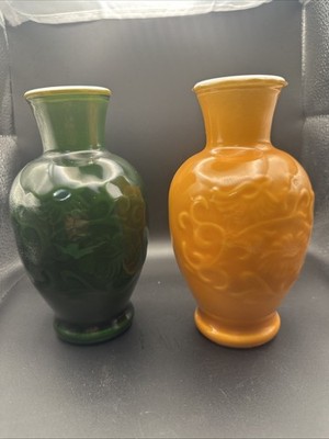 Vtg Avon Spring Bouquet Fragrance Vases Set Of 2-Amber And Jade Green