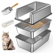 All Stainless Steel Sifting Litter Box with Lid,XL Extra Large Metal Sifting ...