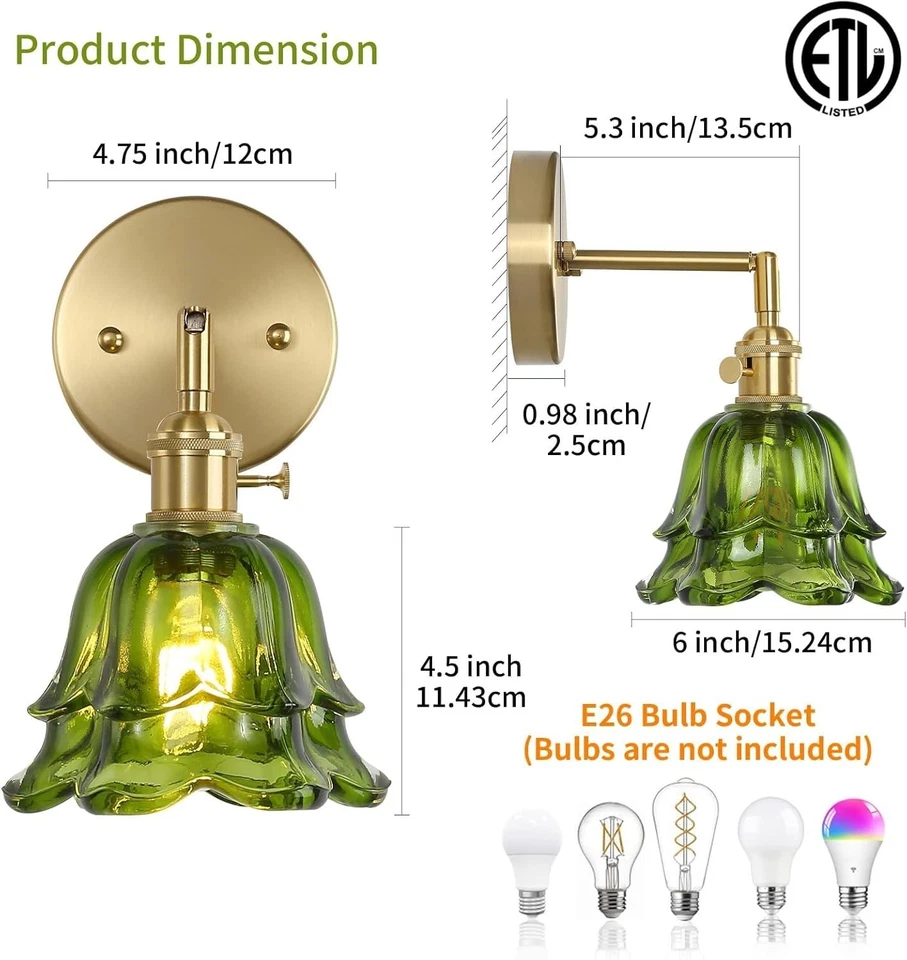 Винтажный настенный бра набор из 2, розово-зеленый абажур и 180 градусов регулируемый, ... - Изображение 2 из 4