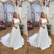 Elegant Wedding Dress Scoop Neck Sleeveless Satin A Line Bridal Gown Sweep Train