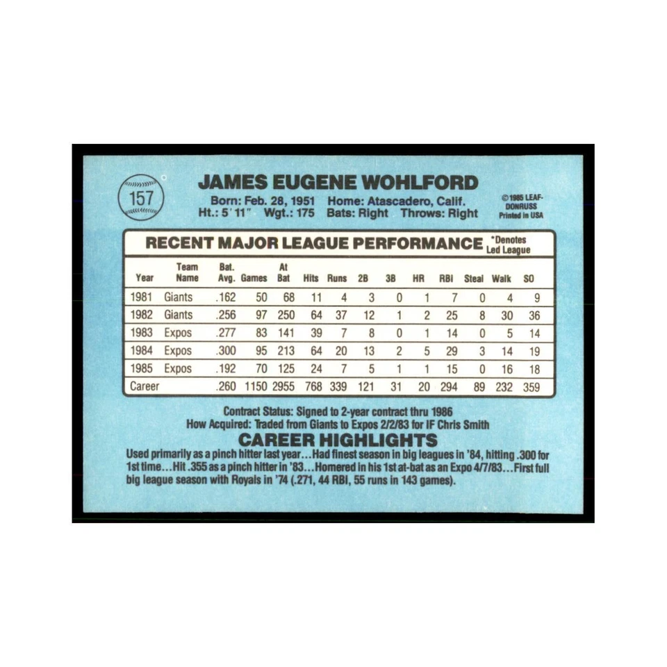 1986 Donruss Jim Wohlford Montreal Expos #157 - Image 2 of 3