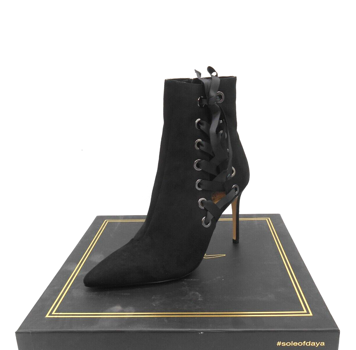 Daya By Zendaya Nancey Black Ribbon Side Lace Bootie Heels Size M Pointed  Toe