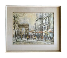 Vtg Delarue Arc De Triumph Watercolor Print Paris In Wood Frame Wall Art 25x21"