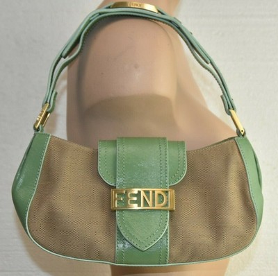 NEW Fendi Baguette Shoulder Handbag Green Leather Gold Logo Beige Canvas Bag  | eBay