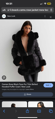 CAMEO ROSE NEW LOOK BLACK FAUX FUR BELTED PUFFER JACKET/COAT