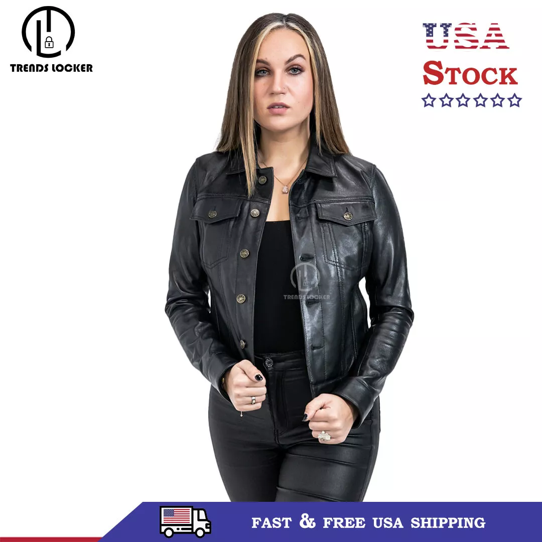 Ladies black leather shirt cheap
