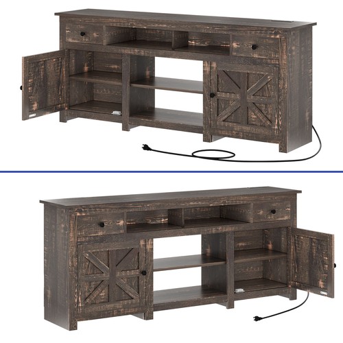 Rustic TV Stand Console for 80 in TVs with Shelves Power Outlets Media Cabinet - Picture 9 of 12