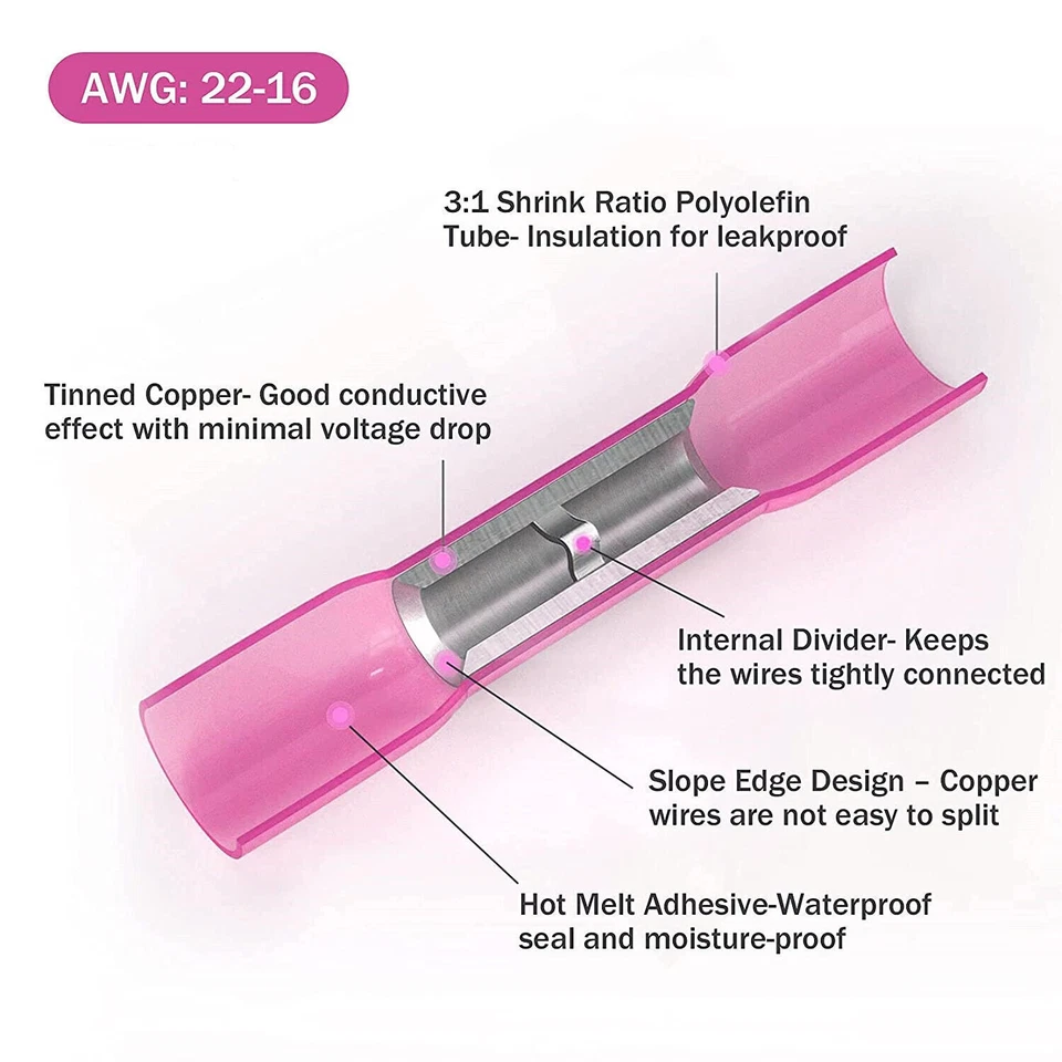50-1000X Red Heat Shrink Wire Butt Connector 22-16AWG Waterproof Splice Terminal - Image 4 of 4