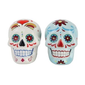 Day Of The Dead Skull Blue And White Salt And Pepper Shaker Set