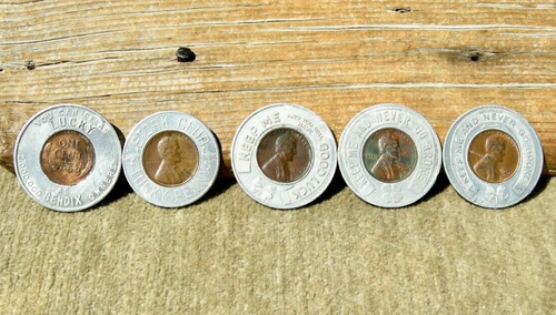 group 5 pcs WHEAT EAR CENT ENCASED PENNIES REXALL DRUG, RED GOOSE SHOES BENDIX - Picture 10 of 12