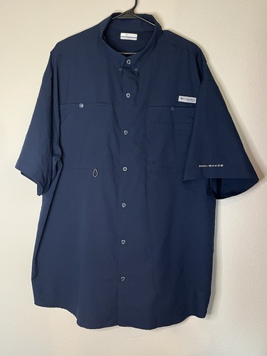 Columbia PFG Shirt Mens 2XL Navy Blue Button Up Vented Short Sleeve Outdoor