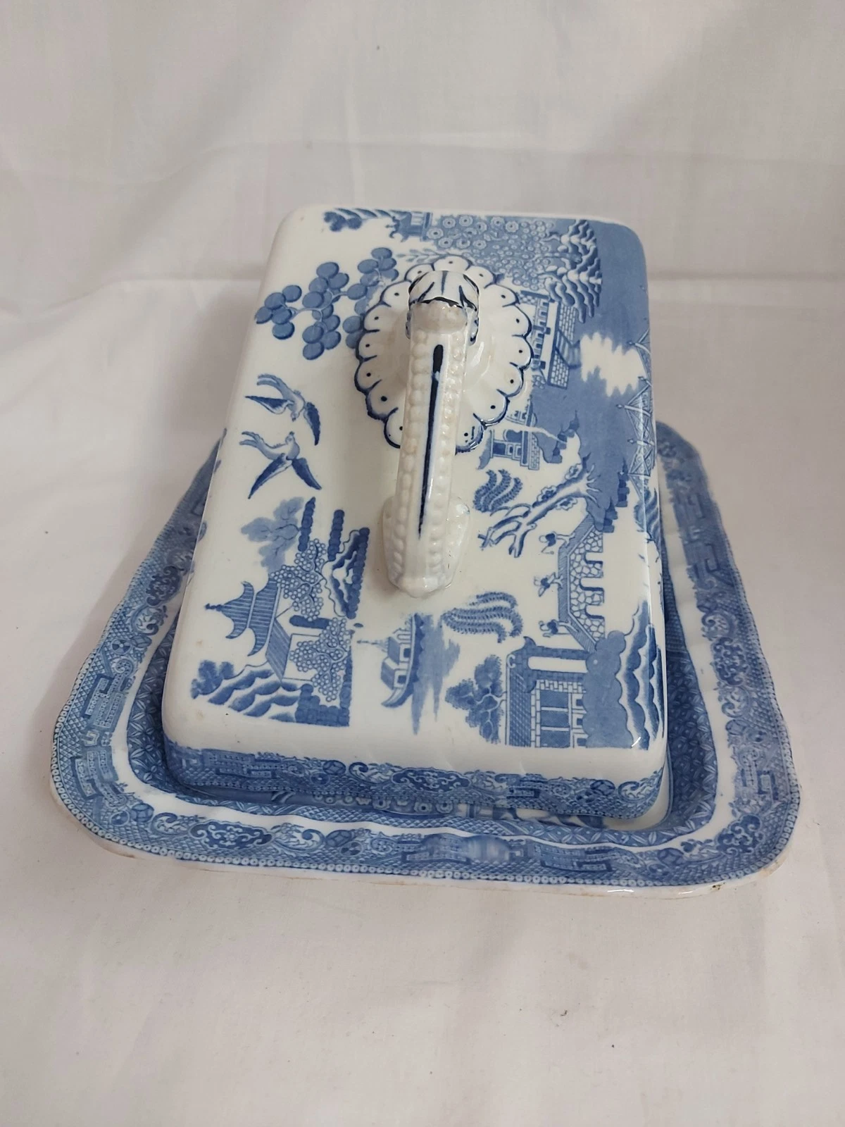 Antique Blue Willow Pattern Cheese Cover Dish Plate Set Antique Pottery Ceramic