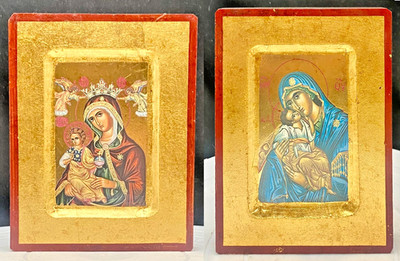 TWO GREEK ORTHODOX ICONS, CROWNED MARY & TENDERNESS VIRGINS, GOLD PAINTING, vg