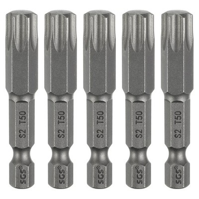 5pcs T50 Torx Head Screwdriver Bit 1/4'' Hex Shank 2'' Long Magnetic No Hole Tip