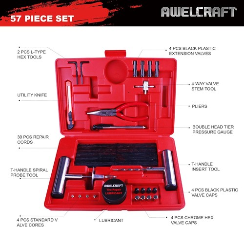 57 Pezzi Kit Tappo Riparazione Pneumatici per Pneumatici Tubeless Set Attrezzi Resistenti - Foto 2 di 6