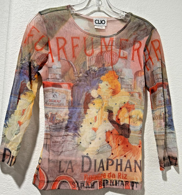 Y2K Vtg Clio Artsy Sheer Mesh 3/4 Sleeve Top Sz M Boho French Inspired Art Deco