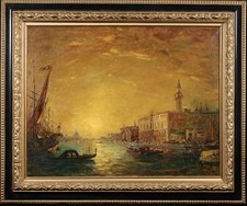 19th CENTURY GIANT FRENCH ORIENTALIST OIL ON CANVAS - VENICE AT SUNSET - SIGNED