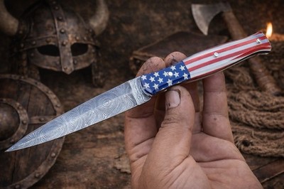 Fix Blade Double edge Dagger Damascus knife Boot Hunting Tactical Sport Us Flag