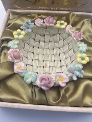 Belleek Basket Weave Bowl Woven Porcelain Rose Floral Border