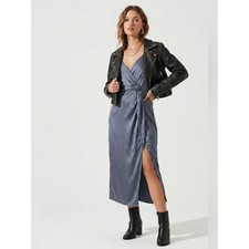 Astr Satin Slate Blue Wrap Midi Dress