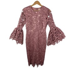 Rachel Parcell Floral Guipure Lace Bell Sleeve Sheath Dress Small Mauve Pink