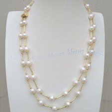 2 Rows 8-9mm Genuine Natural White Freshwater Pearl Station Necklace 18-19 inch