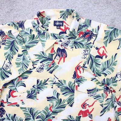 VTG Stussy Shirt Men XL RARE Yellow Hawaiian Streetwear Loop Collar S/S Y2K