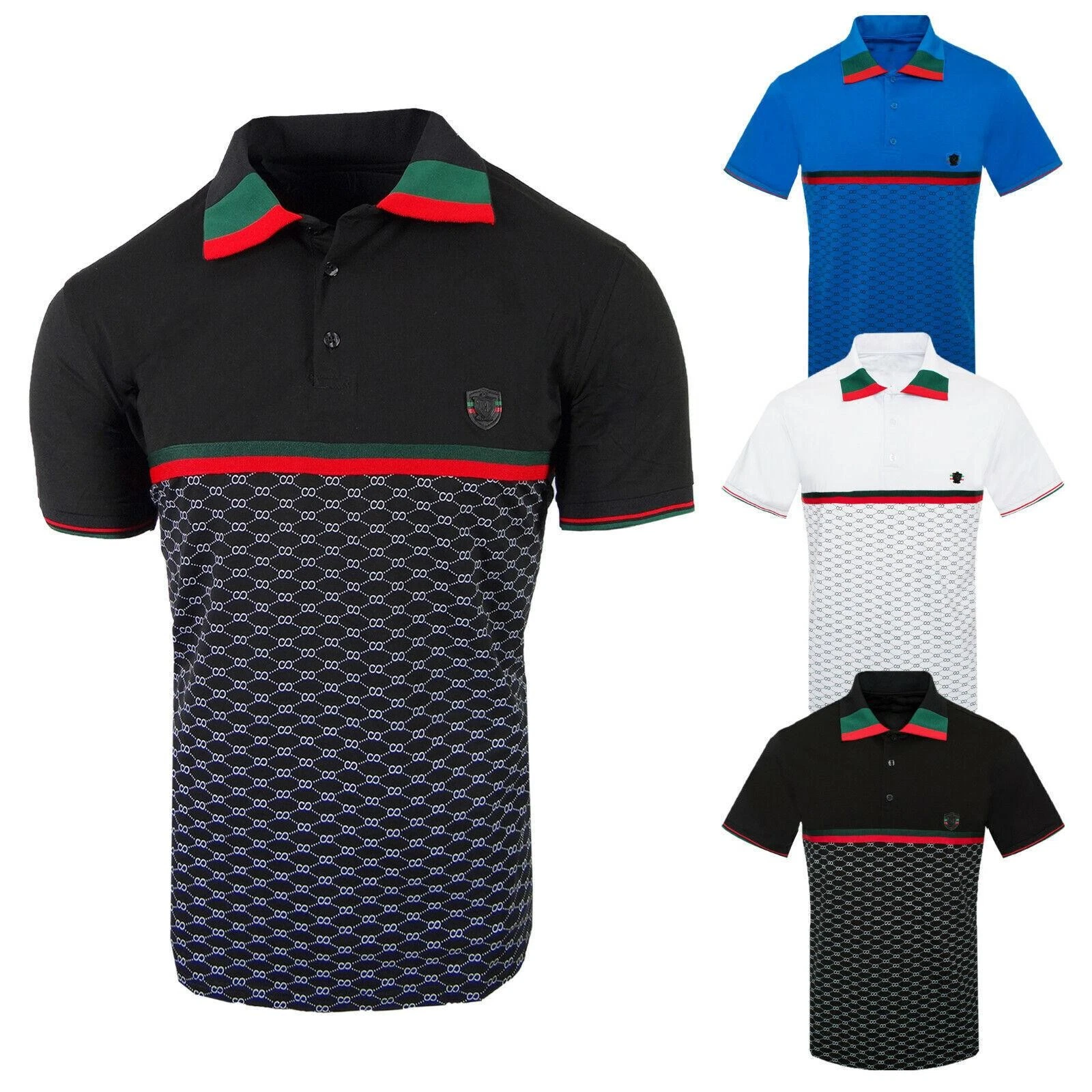 Mens Polo Shirt Striped Collar Tip Designer Sport Print Stretch NEW Casual Golf