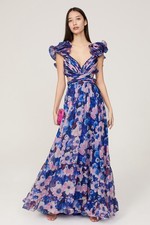 Mac Duggal Ruffle Tiered Blue & Pink Floral Print Chiffon Maxi Gown Size 6 $598
