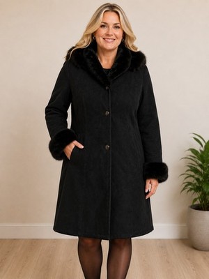 Gian Mori Womens Vtg Black Leather Suede Shearling Hooded Coat with Fox Fur XXL
